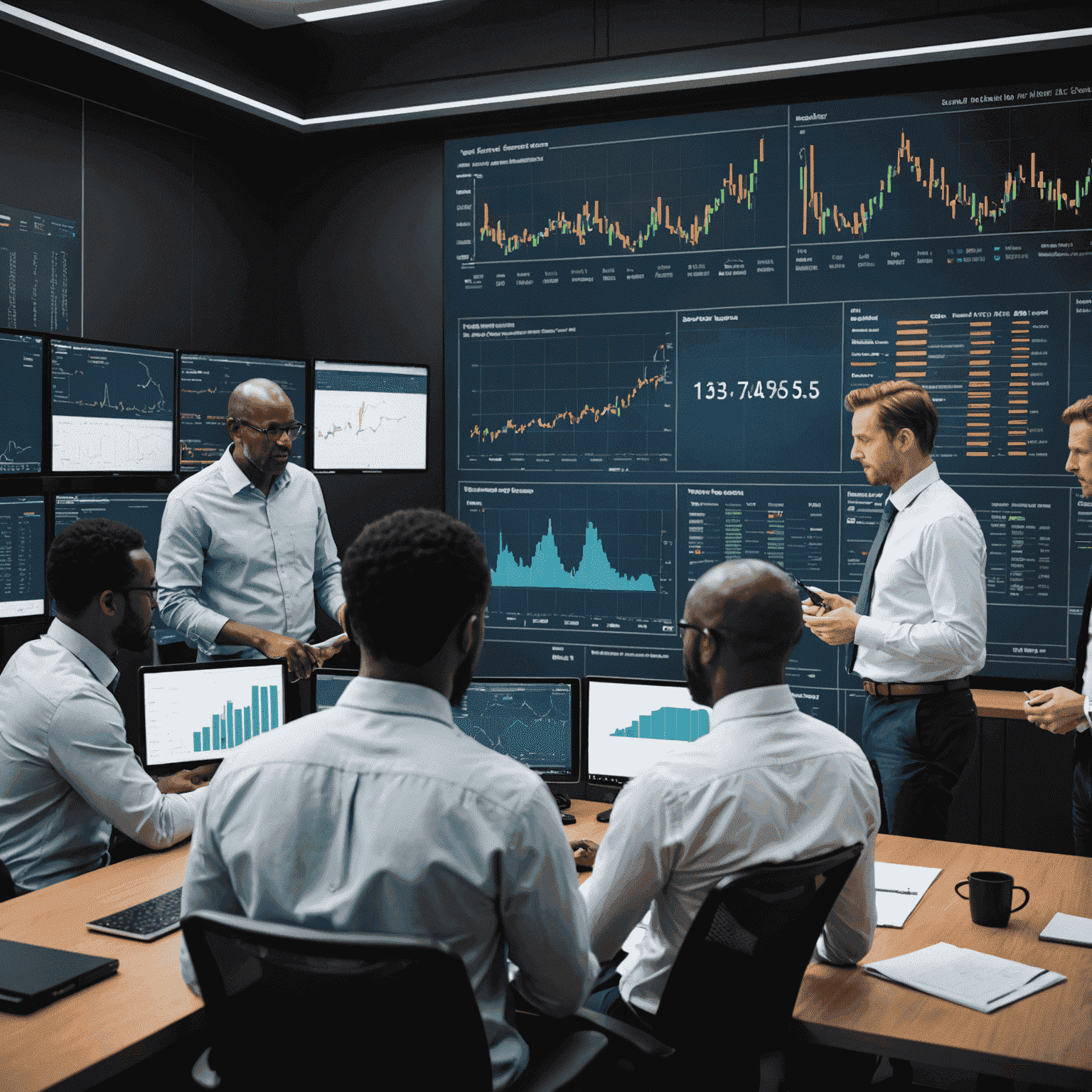 A team of professionals analyzing market data and trends in South Africa, with charts and graphs displayed on a large screen