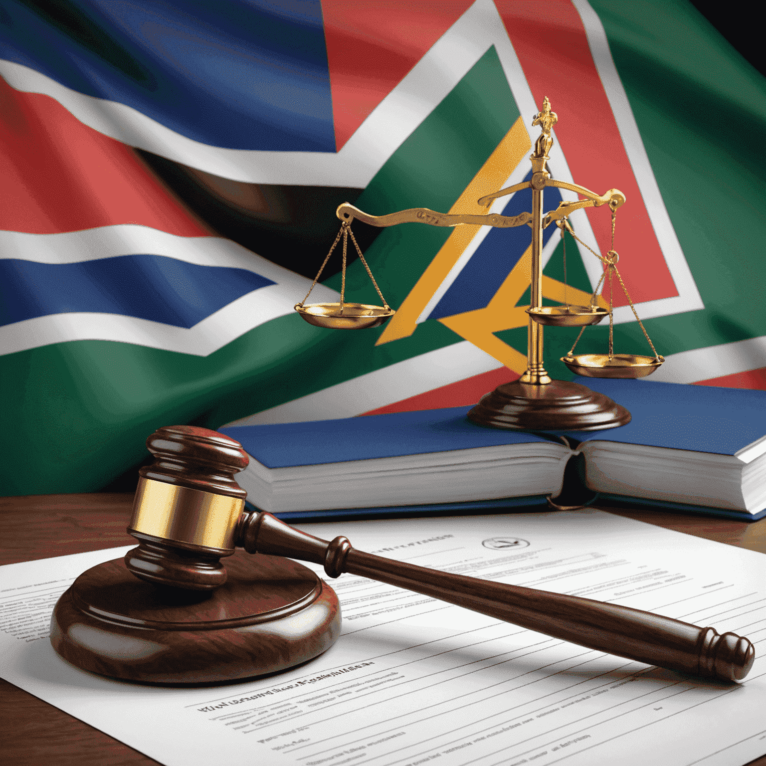 A professional looking image representing compliance and regulations in a South African business context, with symbols like a gavel, documents, and the South African flag