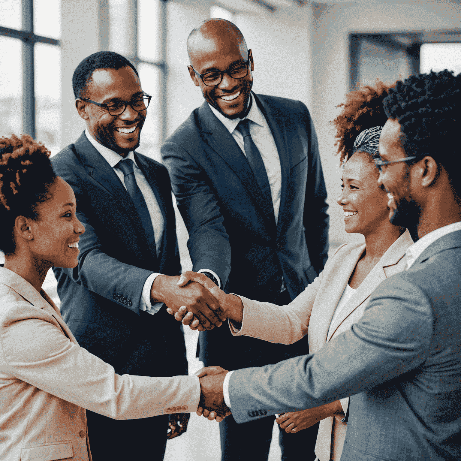 Diverse group of South African business professionals shaking hands and smiling, representing successful cross-cultural communication