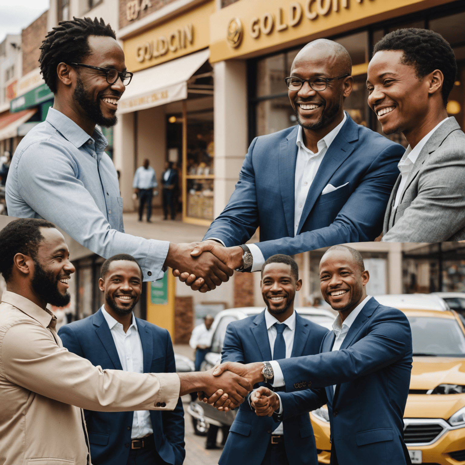 Collage of successful South African business owners shaking hands with GoldCoin Aid representatives, with their thriving storefronts or offices in the background