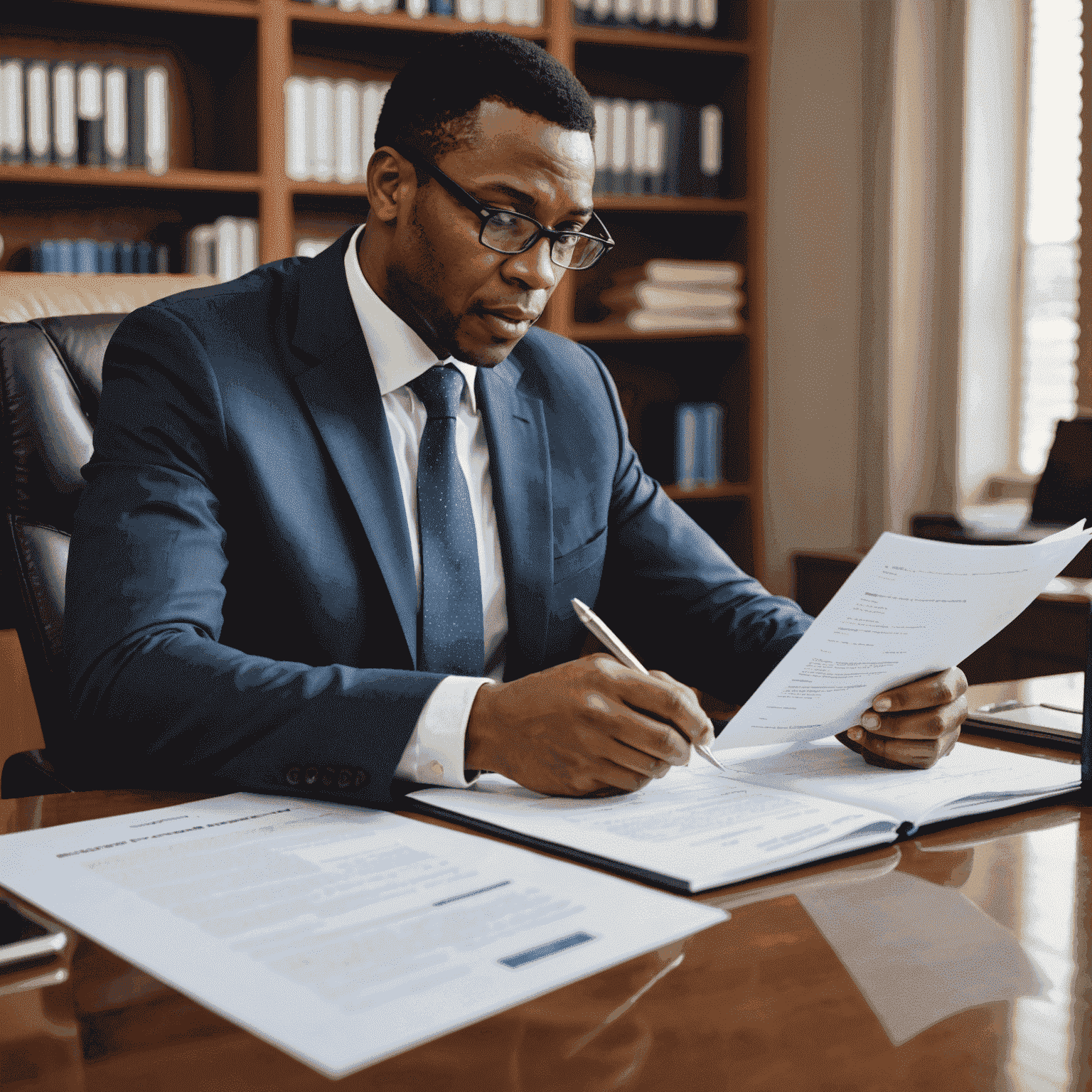 A businessman reviewing legal documents and regulations related to doing business in South Africa