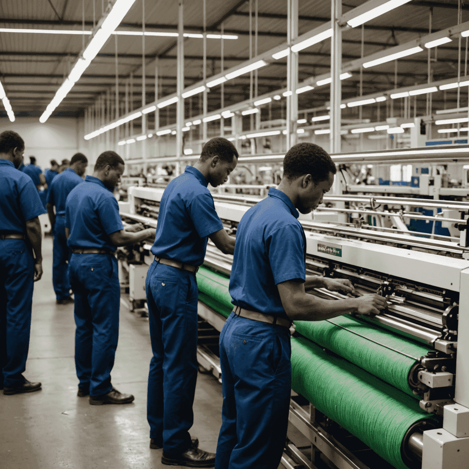 Nkosi Textiles employees working with new high-tech weaving machines in their expanded factory floor