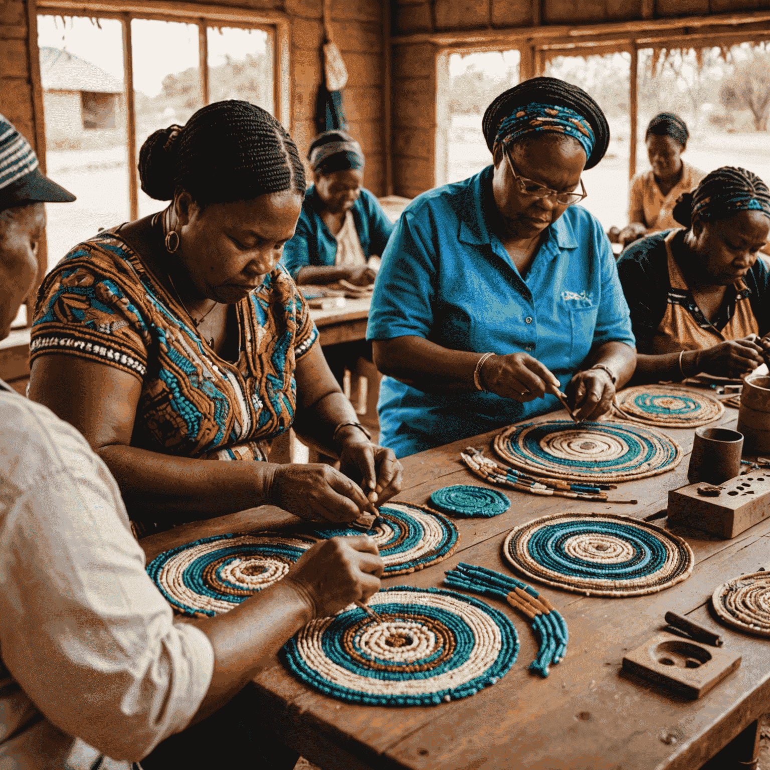 Sibeko Artisans members working together on intricate beadwork and wood carvings in their community workshop